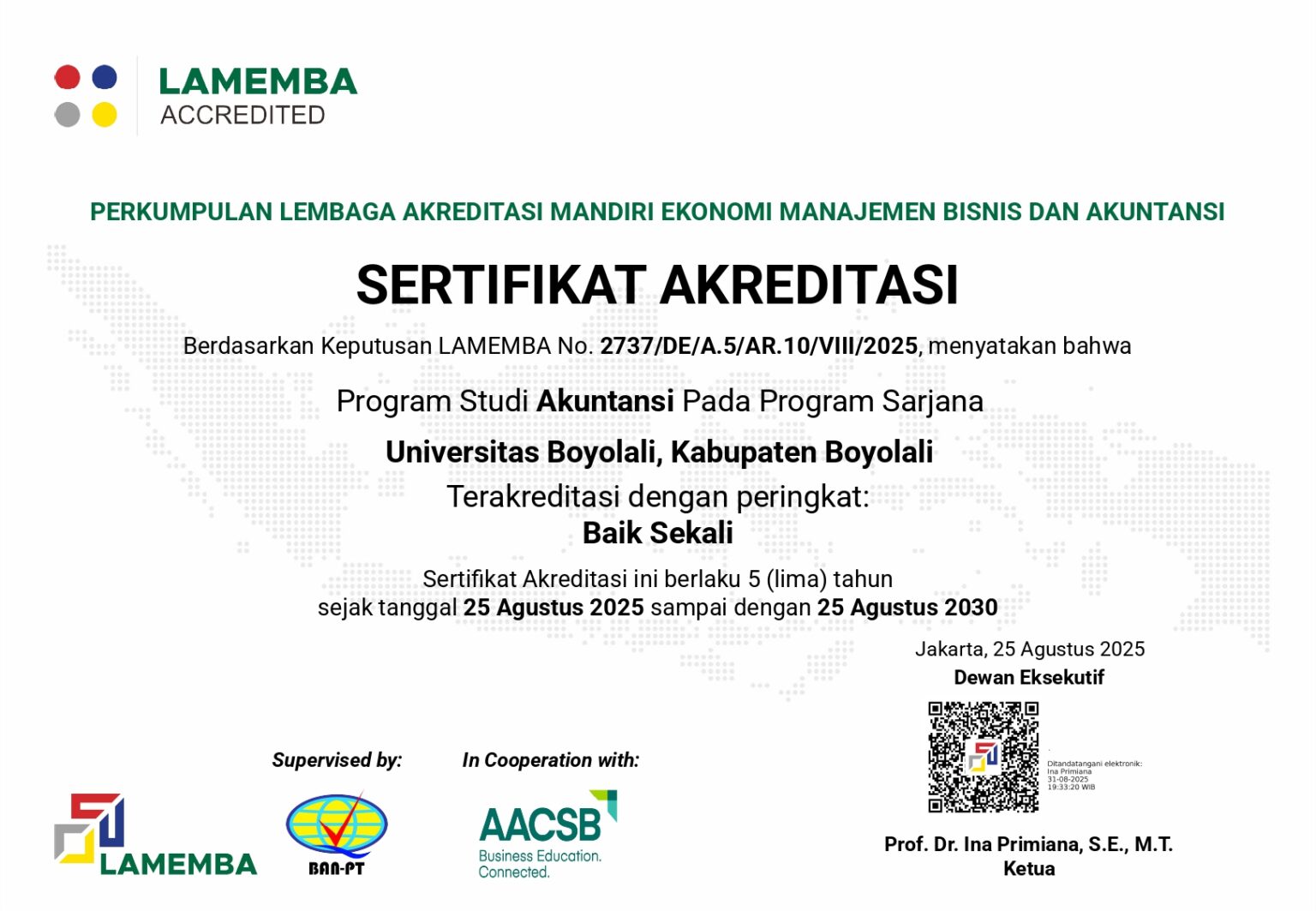 Sertifikat akreditasi LAMEMBA Program Studi Akuntansi Universitas Boyolali peringkat Baik Sekali